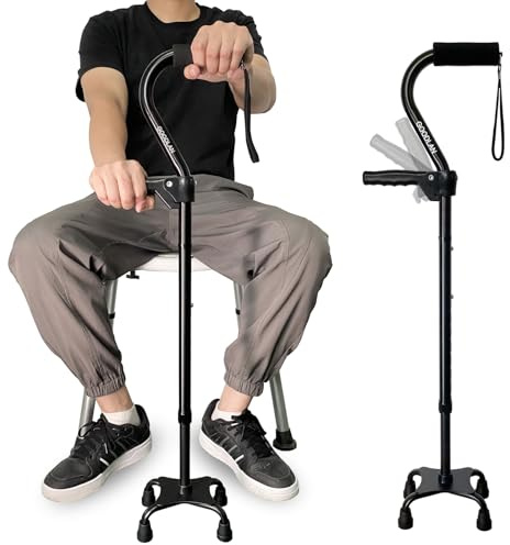 Quad Walking Cane Adjustable Stick Men & Women and Seniors - Lightweight & Sturdy with 4-Pronged Base for Extra Stability Balance,Self Standing Foam Padded Offset Handle for Soft Grip (black)