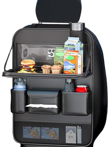 Boolico PU Leder Auto Organizer Kinder Rückenlehnenschutz mit Faltbar Tisch 1 Stück, Autositz Organizer Kinder mit Klapptisch, Rücksitzschutz für Kinder, Auto Reisezubehör Organizer Tablet Tasche
