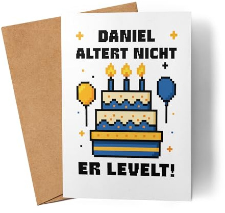 Kiddle-Design Gamer Geburtstagskarte Personalisiert, Lustige Gaming Karte zum Geburtstag, Geschenk für Zocker Männer, Nerds, Jungs – EIN Gamer altert Nicht er levelt
