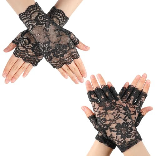 oruola 2 Paare Kurze Handschuhe Spitze,Fingerlose Handschuhe Damen Spitze,Netzhandschuhe,Elegante Lace Gloves für Damen für Hochzeit,Party,Oper,Teeparty,Halloween Vintage Accessoires