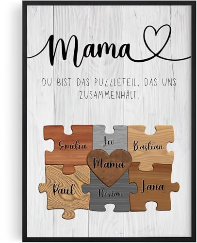Tassenliebling® - Mama Poster personalisiert - Du bist das Puzzleteil, das uns zusammenhält – Muttertagsgeschenk mit Spruch – Geschenk für Mama – Wanddeko (A4, A3) mit oder ohne Rahmen - 6 Kinder