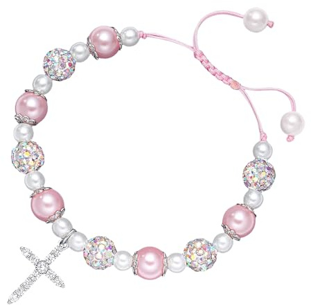 MUNSKT Kommunionarmband Mädchen mit Kreuz, Rosa Perlenarmband, 16-27 cm, Kommunion & Taufe Geschenk für Mädchen