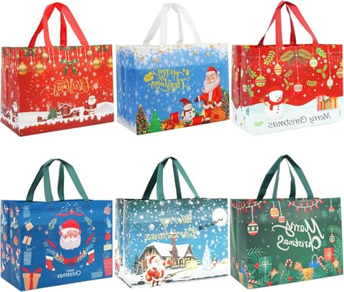 18 Stück Geschenktüten Weihnachten Groß, Non Woven Weihnachtstaschen Weihnachtstüten mit Griffen, Weihnachts Geschenktüten, Wiederverwendbare Weihnachtsgeschenktüten, 32.5 x 26 x 17CM
