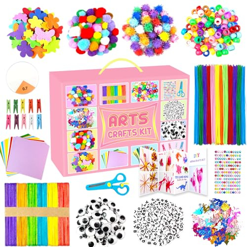 2000 Stück Bastelset Kinder All-in-1 Bastelkoffer Kinder DIY Bastelmaterial Scrapbooking mit Pfeifenreiniger Basteln Schule Zubehör Spielzeug Geschenk für Mädchen Jungen 4-6, 6-8, 8-12 Jahre, Rosa