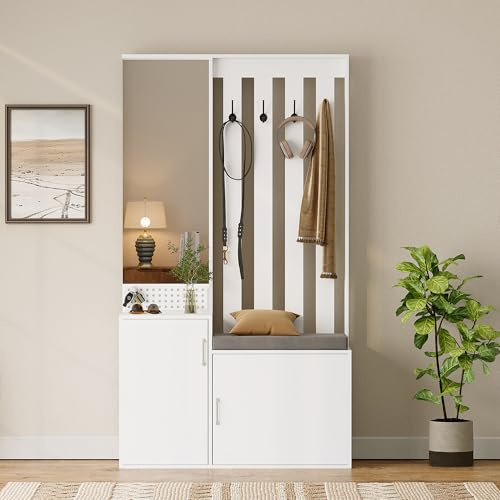 FCSQIU Garderobenset Wandgarderobe, Flurgarderobe Set mit Schuhbank, Spiegel und Kissen, Garderoben Set mit 4 Kleiderhaken und Türen, Weiß Kompaktgarderobe, Wandgarderobe (Weiß)