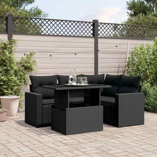 QJBSAVVA 5-TLG. Garten-Sofagarnitur Schwarz 100×55×73 cm höhenverstellbarer Tisch Poly-Rattan-Look Balkonmöbel-Set für Terrasse Garten