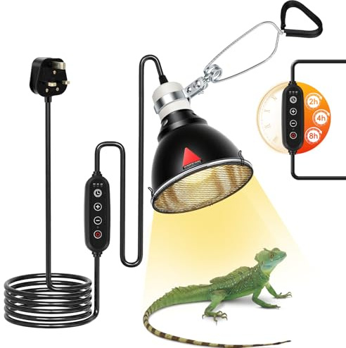 Vutlace Reptile Heat Lamp, Tortoise Heat Lamp with Timer, 150W E27 Infrared Reptile Heat Lamp with 2/4/8 Timer, Terrarium Hood lamp for Reptile, Tortoise, Beard Dragon(Without Bulb)