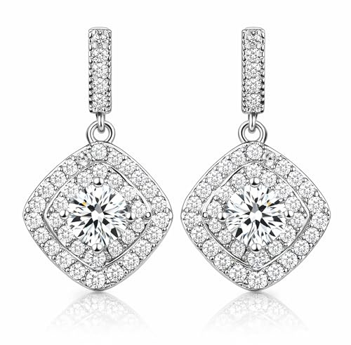 LÖB 750 Weißgold vergoldet Ohrringe Hängend Raute Zirkonia Anhänger Silber Damen Ohrstecker Ohrhänger Eckig Diamant Form Steine Elegant Brautschmuck