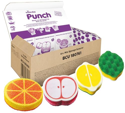 Vileda, Punch, Set da 4 Spugne Cucina | Quattro Spugne. Massima potenza | Antigraffio* | Profumate | cucina, bagno & esterno