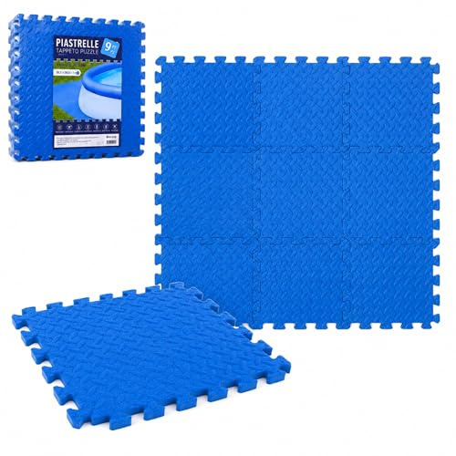 Tappeto in EVA per Piscina 9 Pezzi 38,5x38,5x1 cm, Pavimento Protettivo Antiscivolo per Fondo Piscina Fuori Terra, Tappetino Modulare Espandibile, Base Morbida Isolante per Giardino e Fitness, Blu