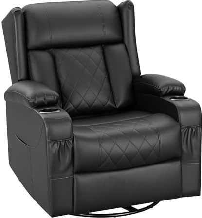 WOLTU Relaxsessel mit Liegefunktion, Fernsehsessel mit drehbar, PU Schwarz | Relaxliege sanftes Wippen, mit Verstellbarer Fußstütze und Getränkehalter & Aufbewahrungstaschen, für Wohnzimmer Schlafzimmer