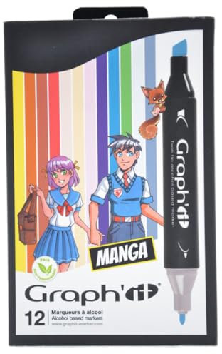 Graph'it - Set de 12 Markers à Alcool Double Pointe : Fine et Biseautée pour Dessin de Manga, Illustration, Colorant, Esquisse, Écriture - Rechargeables - Set Manga
