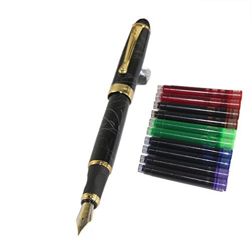 Jinhao 450 Normal Nib Fountain Pen White line with 5 Color Gullor Ink Cartridges