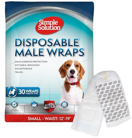 Simple Solution Disposable Dog Diapers Wraps for Male Dogs, True Fit, Absorbent, Leak Proof with Wetness Indicator, Puppy and Doggie Diaper for Peeing, For Small Pets, 12 – 19 Inch Waist, 30 Count