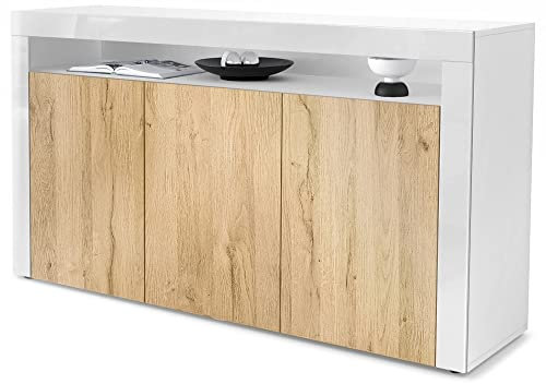 Vladon Sideboard Valencia, Made in Germany, Kommode mit 3 Türen und 1 offenem Fach, Weiß matt/Brombeer Hochglanz/Weiß Hochglanz (155 x 92 x 40 cm)