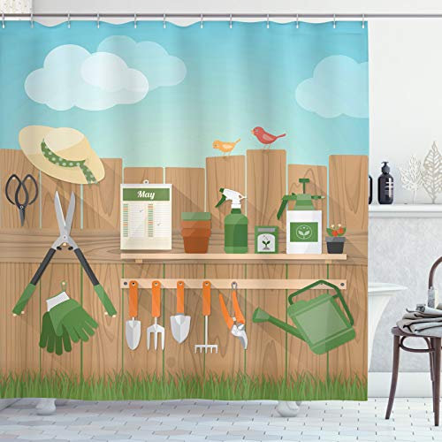 ABAKUHAUS Zaun Duschvorhang, Im Garten Gegenstände Gras Vögel, Stoffliches Gewebe Badezimmerdekorationsset mit Haken, 175 x 180 cm, Mehrfarbig