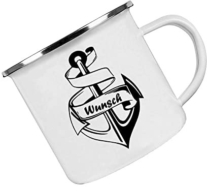 Crealuxe Emaille Tasse Anker mit Wunschname - Kaffeetasse mit Motiv, Campingtasse, bedruckte Emailletasse mit Wunschtext, Wunschname, Spruch oder Bildern