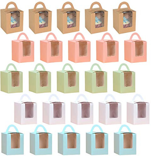 25 Stück Cupcake Kuchenboxen, Cupcakes Behälter tortenkartons mit Fenstere und Griff, Muffins Gebäck Lagerung Geschenkboxen, Dessert Container für Bäckerei, Hochzeit, Weihnachten, Party