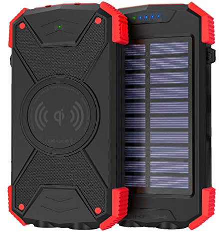 Akashi Technology - Batterie Externe Solaire 10000mAh, Chargeur Solaire Randonnée USB / USB-C + Chargeur Induction Sans Fil, Antichocs, IPX4, Lampe Torche - Noir