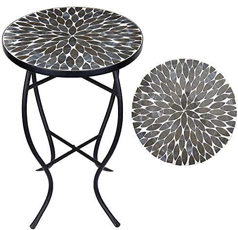 Vipush Beistelltisch für den Außenbereich, Mosaik-Akzenttisch, Pflanzenständer für Terrasse, Garten, Hinterhof, Balkon, Veranda, 35,6 cm, runde Mosaik-Tischplatte mit schwarzem Eisen, Grau