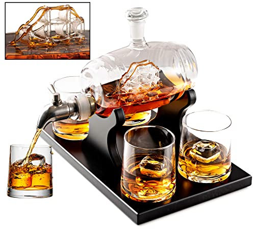 Bezrat Whiskey Decanter Set - Barrel Aged Liquor Dispenser - 4 Glasses - 1L