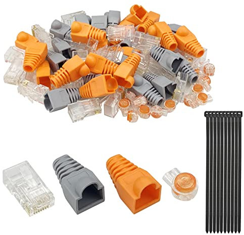 CiShow 100 Stk RJ45 Stecker, CAT6 Netzwerkstecker Pass, 8P8C Ethernet Stecker, Lan Stecker für Verlegekabel, Crimpstecker, Steckverbinder für Installationskabel mit Einfädelhilfe und Knickschutz