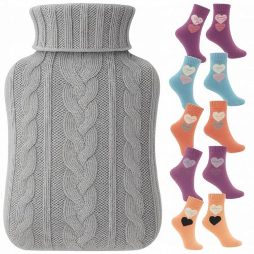 2L Hot Water Bottle with Cover UK & 5 Pairs of Warm Comfy Wool Socks - Natural Rubber 2 Litre Inc x5 Pairs Ladies Winter Socks Size UK 4-7 (Cream Bottle with Grey Cover) (0062)
