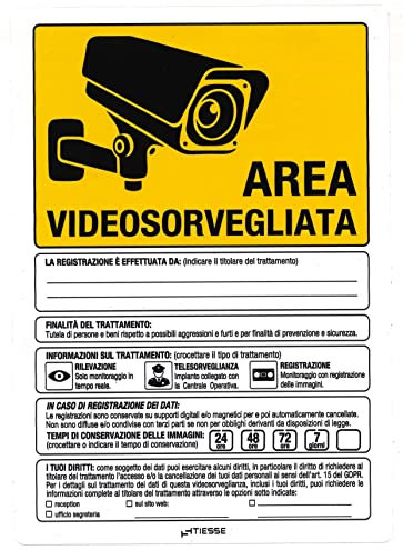 TIESSE - adesivo AREA VIDEOSORVEGLIATA - conforme GDPR 2016/679, EDPB 3/2019 gennaio 2020, D.Lgs. 101/2018 - Vinile adesivo ad alte prestazioni - Dimensione: 148x210 mm - MADE IN ITALY