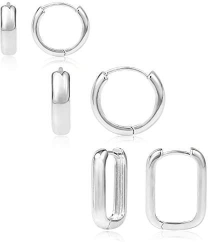 Silber 925 Creolen Ohrringe Kleine Set Damen, 3Paar Sterling Silber 925 Creolen Quadrat Kleine Ohrringe Strass Zirkonia, Hypoallergen Creolen Huggies Kreolen Schlafen Klein Damen Herren Männer