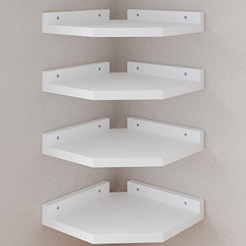 LUDORU Eckregal Wandhalterung - 4er Set Holz Ecke Schweberegal Weiß Lagerregal, Badezimmer Eckregal Schwebendes Display Regal, Bücherregal, Eckwandregal für Schlafzimmer, Wohnzimmer & Küche