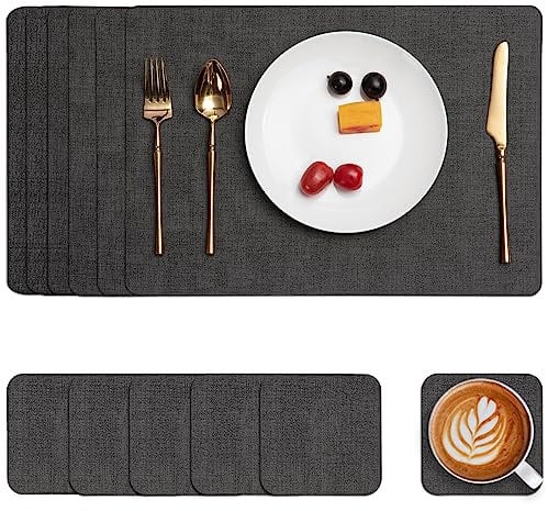Myir JUN Tischsets Abwaschbar Leder und Untersetzer, Doppelseitigen Platzset 6er Set rutschfest Platzdeckchen Leder Kunstleder Tischset (Grau, 6er Set)