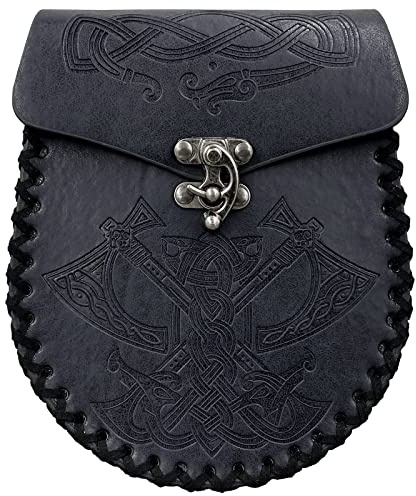HiiFeuer Gürteltasche mit nordischer Prägung, Retro-Mittelalter-Kunstleder-Seitentasche, tragbare Vintage-Gürteltasche für LARP Ren Faire (Axe Schwarz)