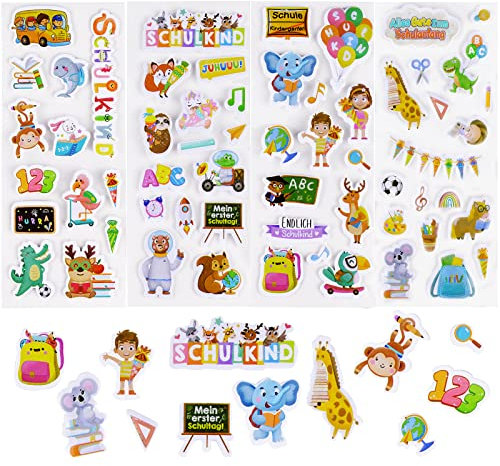 COLOFALLA 8 Blatt 3D Sticker Einschulung Aufkleber Deko für Schultüte Füllung Schulanfang Schulkind Schuleinführung Geschenke für Junge Mädchen zum DIY Basteln