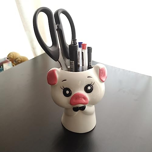 WONIU Keramik-Bleistifthalter, Stifthalter, niedlicher Schweinchen-Bleistiftbecher, Tierschwein, Stiftebehälter für Schreibtisch, Heimbüro, Weiß