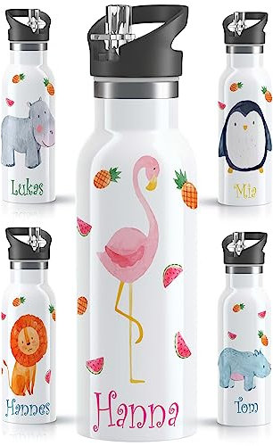 OWLBOOK® Kinder Edelstahl Trinkflasche mit Strohhalm 600 ml | Spülmaschinenfest & BPA Frei | Personalisierte Geschenke für Mädchen zur Einschulung Geburtstag Schulanfang | Flamingo