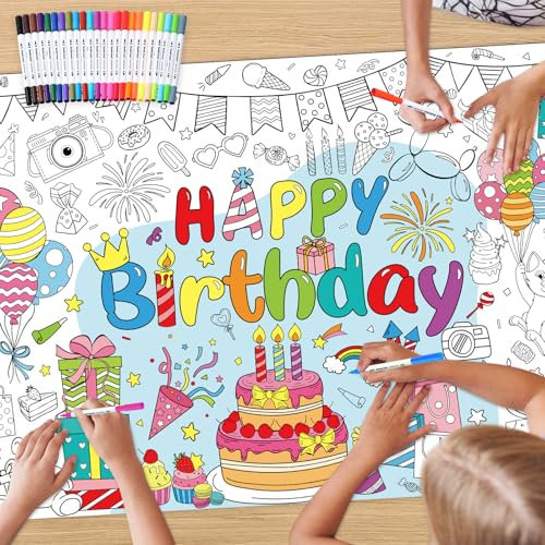 Faccito Riesiges Happy Birthday Ausmalposter mit 24 Aquarell Marker 110 x 80 cm Tischdecke zum Ausmalen Riesen Ausmalbild zum Geburtstag Maltischdecke für Basteln Geburtstag Party Mitgebsel