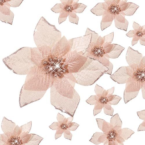 WILLBOND 24 Pieces 3 Size Christmas Glitter Poinsettia Flowers Wedding Faux Flowers Ornaments For Christmas Tree, New Year, Home & Outdoor Decoration (Rose Gold,4/6/8.7 Inches)