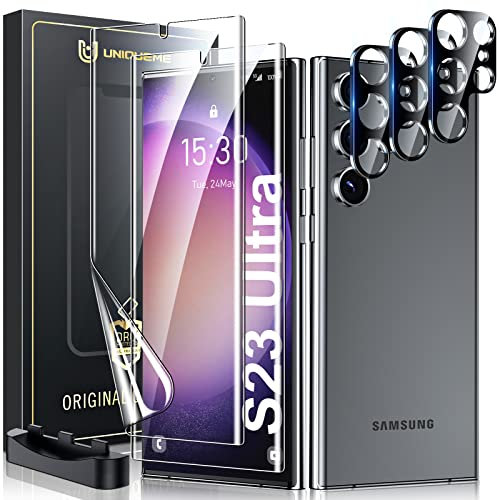 UniqueMe 5 Pack Protector de Pantalla para Samsung Galaxy S23 Ultra, 2 Piezas TPU Protector y 3 Piezas Protector Camara,Película de TPU flexible HD,Admite desbloqueo de huellas dactilares