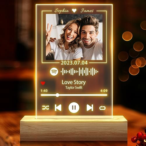 Easycosy Spotify Song Cover Acrylglas mit Foto - Personalisierte Bilderrahmen Nachtlicht mit Spotify Code - Foto Geschenke für Freundin Freund & Frauen Männer zum Weihnachten Geburtstag - Größe: S/M/L