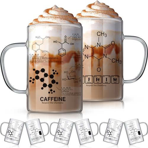 Layhit 6 Pack Caffeine Beaker Mug, Thick Glass Mugs for Coffee Borosilicate Mug with Chemistry Molecules, Graduated Handle 17 oz Pharmacy Gifts Science Adults (SHU-Layhit-93)