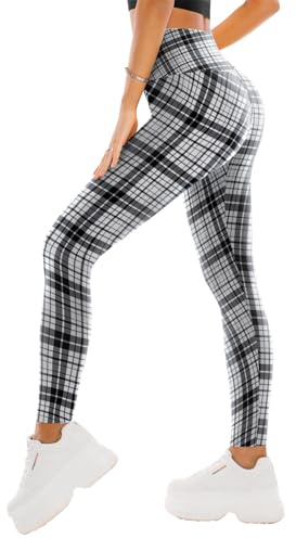 SINOPHANT High Waisted Leggings for Women - Full Length Capri Buttery Soft Yoga Pants for Workout Athletic, Black White Plaid, Small/Medium