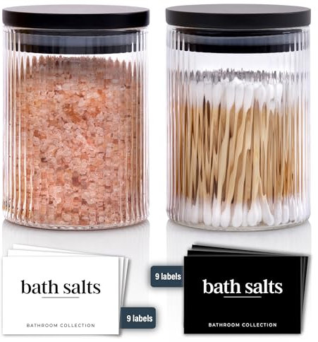 Mason & Fable Ribbed Glass Bathroom Jars with Airtight Black Bamboo Lids | Cotton Pad/Buds/Q tip Holder | Bath Salt/Small Makeup/Clear Vanity Apothecary Storage Canister (300ml- 2x)