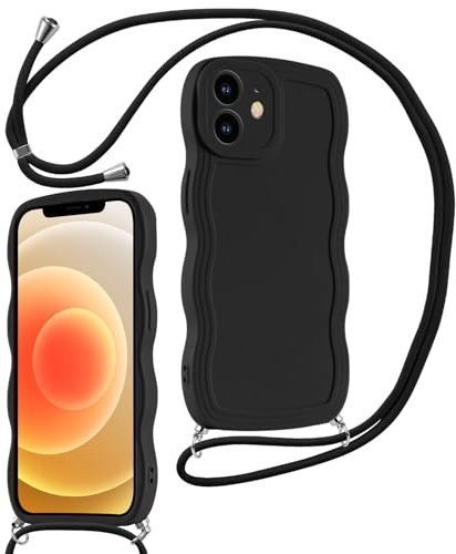 Coalbooliy Coque avec Cordon pour iPhone 11 6,1, Wave Frame Silicone Etui avec Collier Réglable Corde 3D Souple TPU Antichoc Housse de Protection Bumper Cover pour Femmes Filles, Noir