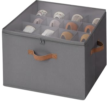 StorageWorks Fabric Shoe Organizer for Closet, Shoe Storage Bins with Clear Cover and Fixed Dividers, Space Saver, Cube Shoe Storage Box, Gray, 1-Pack