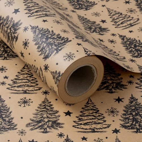 RUSPEPA Papier d'emballage de Noël, Papier Kraft en Rouleau Jumbo - 61 cm x 30 m - Conception d'arbre de Noël Noir et Flocon de Neige pour Emballage Cadeau de Vacances
