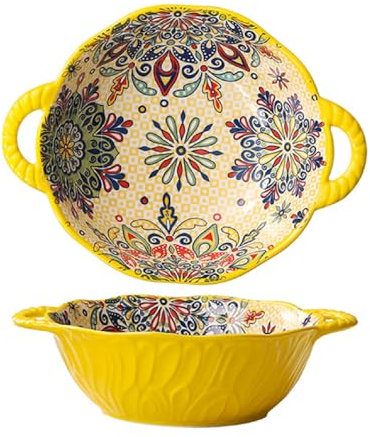 Porzellan Suppenschalen Große Salatschüssel Mit Griff, 1000ML Boho Keramikschale Dessertschalen Müslischalen Obstschalen, Bunt Keramik Servierschüsseln Für Nudeln, Eintopf, Salat, Obst, Suppe (Stil E)