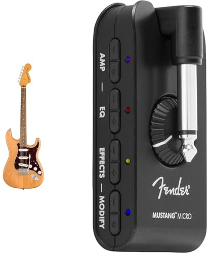 Squier by Fender Classic Vibe '70s Stratocaster, Electric Guitar, Laurel Fingerboard, Natural & Mustang Micro Amplifier - The Ultimate All-In-One Personal Headphone Amplifier