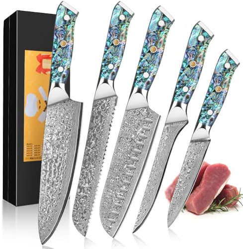 KEENZO 5er Damastmesser Set Küchenmesser Damaststahl 5-Teilig Chefmesser Set mit Chefmesser, Santokumesser, Obstmesser, Kochmesser Set Profi Scharfe mit Blaue Kunstharz Handgriffen