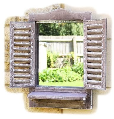 Brown Shutter Window Mirror 46cm With Shelf Rustic Wood French Country Wall Decor