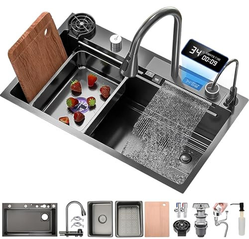 Fregadero De Cocina De Acero Inoxidable Con Cascada Y Grifo Extraíble Fregadero De Un Solo Tazón Con Montaje Superior Con Revestimiento Nanométrico Con Accesorios, Lavadora De Ollas A Presión, Tabla D
